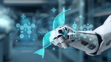 Bulanık laboratuvar arka planına sahip DNA hologramına robotik el gösterimi ve dokunuşlarını kapat. Tıbbi verilere erişmek ve onları teşhis semptomlarına bağlamak için robot el DNA ikonuna tıklıyor. Sağlıklı..