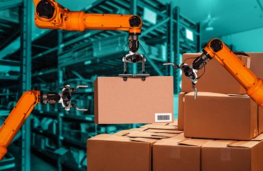 Yenilikçi depo ve fabrika dijital teknolojisi için akıllı robot kol sistemi. İnternet ağına bağlı IOT yazılımı kullanarak endüstri mühendisliği tarafından kontrol edilen otomasyon üretim robotu .