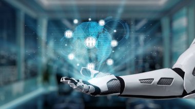 Bir robot el, teknolojik gelişmeyi ve insan bağlantısını dijital olarak birbirine bağlı çalışma alanında sembolize etmek için nazikçe uzanır, yenilik ve yaratıcılığı yansıtır. Auvana