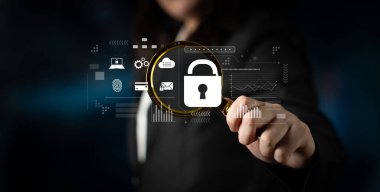 Çevrimiçi erişim için dijital siber güvenlik şifreleme, siber şifre koruması, parmak izi kimliği, bulut depolama güvenliği ve siber güvenlik sistemi