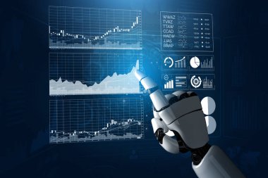 Fütürist bir robot eli dijital ekranda finansal veri grafikleriyle etkileşime geçerek borsa analizi ve otomasyondaki gelişmiş teknolojiyi sergiliyor. Etki