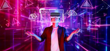 Sanal gerçekliğe dalmış, yapay zeka sohbet robotuyla etkileşime giren, ileri teknolojiyi canlı bir dijital ortamda sergileyen birinin çarpıcı bir görüntüsü. XDMCP