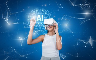 Genç bir kadın sanal gerçeklik kulaklığıyla eğlenerek yapay zeka odaklı, veri zengini dijital bir alanda teknoloji ve yaratıcılığın kesişimini sembolize ediyor. XDMCP