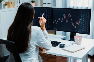 Modern ofisteki borsa grafiğinin kârını analiz etmek için bilgisayara bakan genç ve güzel Asyalı bir iş kadını. Finans sektöründe refah güvenliğine yüksek kâr yatırımı kavramı. Taktik.
