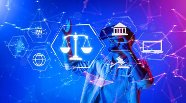 Bu resim, etik, uyum, yönetim ve dijital güvenlik ve yeniliğin zorluklarını vurgulayarak, yapay zeka ve hukuk arasındaki dinamik etkileşimi tasvir etmektedir. XDMCP