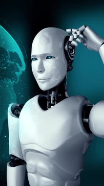 AI robot huminoid uses cloud computing technology to store data on online server . Futuristic concept of cloud information storage analyzed by machine learning process . 3D rendering .