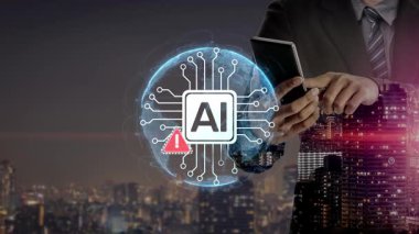 Yapay zeka arayüzü uyarı hatası ve sistem alarmı gösteriyor. Yapay zeka hatası yanlış çıktıya ya da halüsinasyona yol açabilir. Yapay zeka komut hatasını yönetmek güvenli yapay zeka dağıtımında çok önemli. Muxer