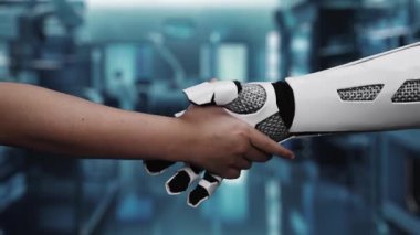 İnsan ve robot, bulanık laboratuarda yüzen tıbbi çapraz hologramla el sıkışmak için uzanıyor. İnsan ve yapay zeka, semptomları analiz etmek ve teşhis etmek için birlikte çalışıyorlar. Sağlıklı..