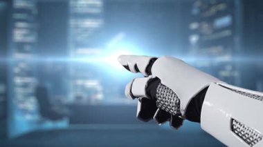 Modern teknoloji ortamında veri güvenliği, şifreleme ve siber güvenlik temalarını vurgulayan dijital bir arayüzle uğraşan bir robot kol. Auvana