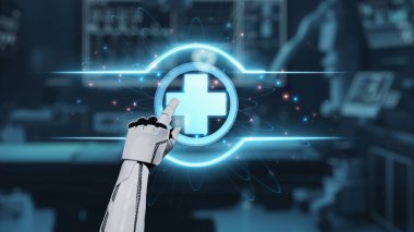 Tıbbi verilere ya da teşhis semptomlarına ulaşmak için robotik el işaretlerini kapatın ve tıbbi çapraz holograma tıklayın. Yapay zeka semptomları analiz ederken robot el çapraz kontrol yapıyor. Sağlıklı..