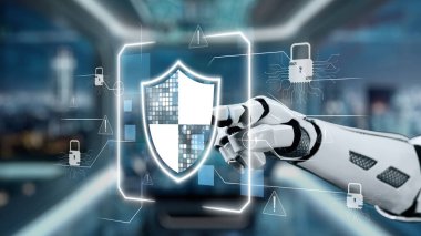 Fütüristik bir robot eli dijital bir kalkan ile etkileşime girer, gelişmiş siber güvenlik ve veri korumasını sembolize eder ve modernizasyon gösteren yüksek teknolojili bir çevrede bulunur. Auvana