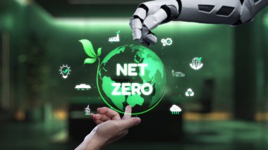 Fütürist bir robot el, sürdürülebilirlik ve iklim farkındalığı girişimlerine olan bağlılığı sembolize ederek net sıfır kavramını temsil eden yeşil bir küreyi kavramaya çalışıyor. Auvana