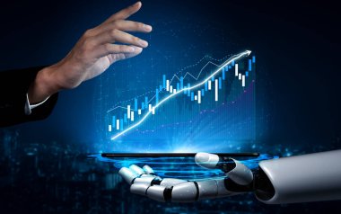 Robotik bir el, teknoloji ve modern finansmanın birleşimini sembolize ederek, sergilenen finansal büyüme eğilimlerini gösteren dijital arayüze uzanıyor. Etki