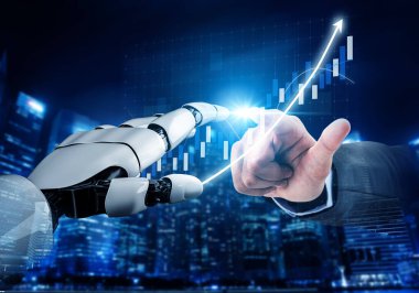 Dinamik bir iş ortamında teknoloji ve insan gelişimi arasındaki sinerjiyi sembolize eden robot el ve insan eli arasındaki etkileşimi tasvir eden büyüleyici bir sahne. Etki