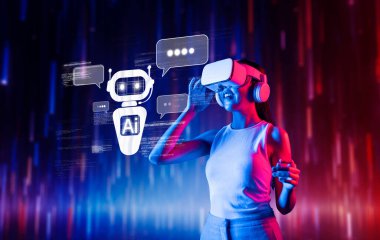 Bir kadın sanal gerçekliğe dalmış, yapay zeka sohbet robotuyla etkileşime girmiş, teknolojinin ve kişisel yardımın canlı, fütüristik bir ortamda yakınlaşmasını sergiliyor. XDMCP