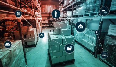 Paket toplama ve teslimatı tanımlamak için teknolojinin yenilikçi interneti olan akıllı depo yönetim sistemi. Gelecekteki tedarik zinciri ve lojistik ağ işi kavramı .