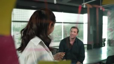 Genç kendine güvenen iş kadını projeyi uzman yatırımcıya sundu. Profesyonel proje yöneticisi başlangıç projesini açıklamak için yapışkan notlar kullanır, beyin fırtınası fikirlerini yatırımcıya paylaşır. Yönlendirici.