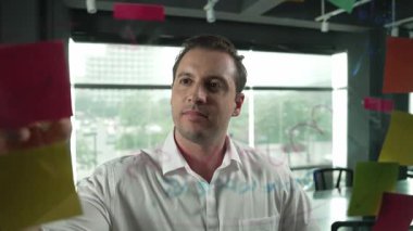 Profesyonel erkek lider yapışkan notlar üzerine pazarlama fikri yazıyor. Kafkasyalı işadamı cam duvarda renkli yapışkan notlar kullanırken pazarlama kampanyasını düşünüyor. - Yakın çekim. Yönlendirici.