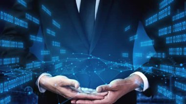 Takım elbiseli zarif bir işadamı, piyasa analizi ve finansal büyüme anlayışını sembolize eden dijital tablolar ve veri simgelerinin gelecekteki bir gösterimini sunuyor. Xenic