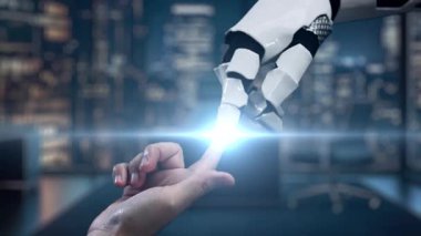 Güvenlik ve finans simgeleriyle çevrili dijital ödeme arayüzü ile etkileşen robot bir el, teknoloji ve modern bankacılık çözümlerinin karışımını sergiliyor. Auvana