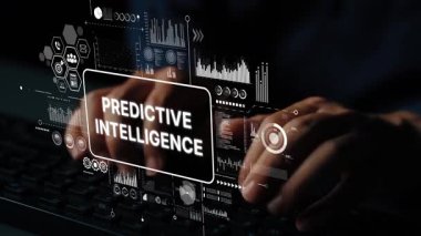 Klavyeye Dijital Arayüz ile yazarak Öngörü Zekası ve Görsel Veri Kavramlarını gösteriyor. Asemptotik akıllı veri analitiği.