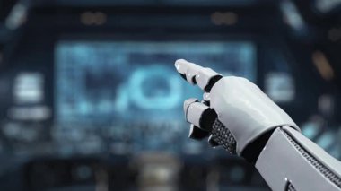 Robotik bir el, teknoloji ve zeka arasındaki sinerjiyi vurgulayarak, parlak, fütüristik bir kontrol odasında gelişmiş bir yapay zeka ve insan beyni arayüzüne işaret ediyor. Auvana