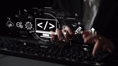 Kodlama sembolleri, web geliştirme süreci, web geliştirme arayüzü ve web geliştirme araçlarını içeren modern web geliştirme kavramı. Muxer