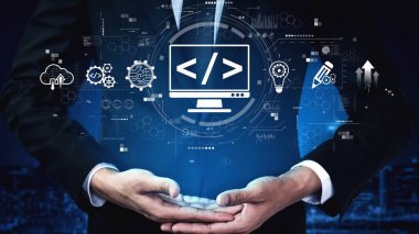 Kodlama sembolleri, web geliştirme süreci, web geliştirme arayüzü ve web geliştirme araçlarını içeren modern web geliştirme kavramı. Muxer