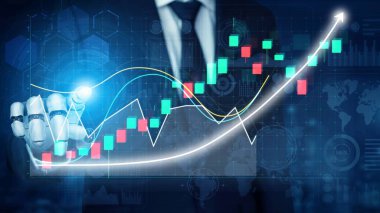 Bir robot el, dijital ekonomideki otomatik ticaret ve yatırım stratejilerinin geleceğini sembolize eden dinamik bir finans grafiği sergiliyor. Copula