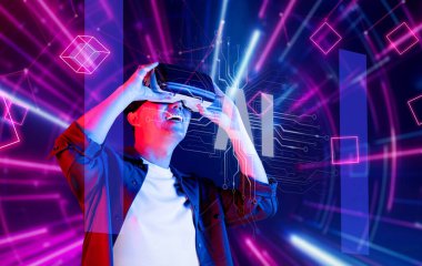 Bir kullanıcı, canlı neon ışıkları ve dijital desenlerle çevrili sanal gerçeklik teknolojisiyle neşe içinde bağlantı kurarak yapay zeka ve yeniliğin kesişimini sergiliyor. XDMCP