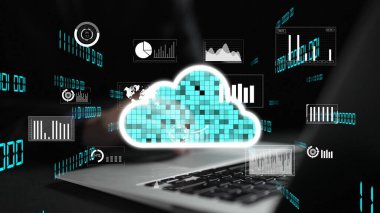 Bulut teknolojisinin kavramsal görüntüsü, veri görselleştirmesi ve modern grafiklerle donatılmış bir dizüstü bilgisayar, analitik ve dijital yeniliğin teknolojik ortamdaki birleşimini temsil ediyor. Xenic