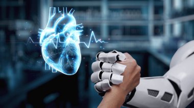 Robot ellerin ve insan ellerinin kalp hologramıyla el sıkışması. Yapay zeka ve insan birlikte çalışabilir ya da bulanık laboratuarlı kalp hologramıyla anlaşma yapabilir. Takım çalışması. Sağlıklı..