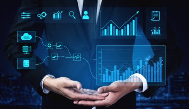 Veri akışı veritabanı ve buluttan işleme ve analitik gösterge panellerine, veri analizi, otomasyon, içgörü üretimi ve dijital zekayı temsil eden kefil