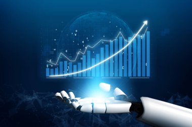 Pürüzsüz bir robot el, modern dijital ortamda veri analizlerini ve büyümeyi sembolize eden parlak bir ışığa doğru uzanır. Yukarı doğru olan grafik ilerlemeyi ve yeniliği simgeliyor. Etki