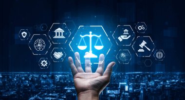 Adalet ölçeğini gösteren fütürist dijital hukuk arayüzü, dijital hukukun altını çizen, AI uyumu, dijital hukuk sistemleri ve güvenli yönetim için dijital hukuk düzenlemeleri. Eğri