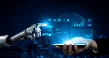 Bulut ve veritabanından iş görüşleri ve performans izleme için otomatik analitik gösterge paneline kusursuz veri entegrasyonunu gösteren yapay zeka arayüzü