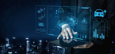 Akü sistemi, güç kontrolü, çekiş motoru, şarj arayüzü ve yenilenebilir ve akıllı enerji kaynaklarıyla bütünleşmeyi gösteren teknik bir tasarım.