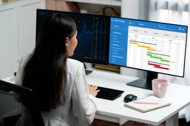 Ekip projesinin zaman çizelgesini gösteren bilgisayar ekranında canlı iş projesi yönetimi için proje planlama yazılımı