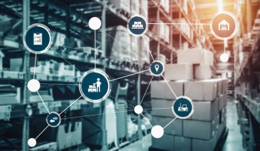 Paket toplama ve teslimatı tanımlamak için teknolojinin yenilikçi interneti olan akıllı depo yönetim sistemi. Gelecekteki tedarik zinciri ve lojistik ağ işi kavramı .