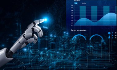 Yüksek teknolojili bir robot el, dijital ortamda ileri analitik ve teknolojiyi temsil eden parıldayan veri grafikleriyle etkileşime geçiyor. Etki