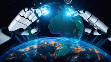 Bu büyüleyici görüntü, dijital veri örtüleri ve yenilikçi tasarımlar ile birlikte, teknoloji ve doğanın kesişimini sembolize eden, dünyaya doğru uzanan robotik elleri gösteriyor. Xenic