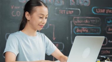 Ağ geliştirme planıyla karatahtanın yanında otururken bilgisayar kodlama ve programlama sistemi kullanan beyaz bir kız. Şirin akademik öğrenci kod yazıyor ya da masada otururken bir şeyler söylüyor. Öğretim