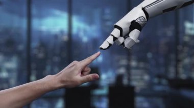 İnsan eli robot ele doğru uzanır, insanlar ve yapay zeka arasındaki işbirliğini sembolize eder, gelecekçi dijital bir ortamda, yenilik ve teknoloji sergiler. Auvana