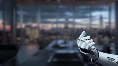 Bir robot el, modern iş stratejilerini ve veri analizlerini sembolize eden, parlak bir ofis geçmişine karşı kurulmuş, yenilik ve teknolojiyi yakalayan çeşitli dijital simgeleri sergiliyor. Auvana