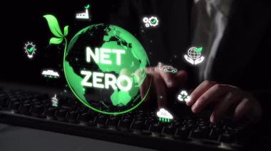 Çevresel denge, dijital sürdürülebilirlik ikonları, yeşil enerji hedefleri ve gelecek için eko-bilinçli dijital iş dönüşümü ile ağ sıfır ve sürdürülebilirlik kavramları. Muxer