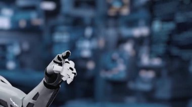 Bulanık laboratuvar arka planına sahip DNA hologramına robotik el gösterimi ve dokunuşlarını kapat. Tıbbi verilere erişmek ve onları teşhis semptomlarına bağlamak için robot el DNA ikonuna tıklıyor. Sağlıklı..