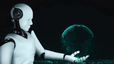 AI robot huminoid uses cloud computing technology to store data on online server . Futuristic concept of cloud information storage analyzed by machine learning process . 3D rendering .