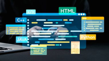 Bu resim, HTML gibi programlama dillerinin soyut bir illüstrasyonunu ve modern dijital çalışma alanında kod sözdizimini göstererek teknolojinin gelişimini sembolize etmektedir. Dörtgen