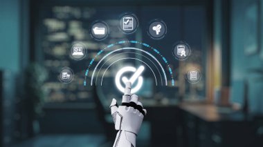 Geceleri modern bir ofis alanında çeşitli simge ve verileri sergilerken şeffaf bir dijital arayüze uzanan robot bir el. Auvana