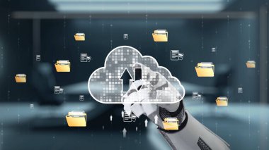 Bir robotik kol bulut depolama arayüzü ile etkileşime girer, modern dijital dosya yönetimini sembolize eder ve düzgün, teknolojik bir ofis ortamında veri yükler. Auvana